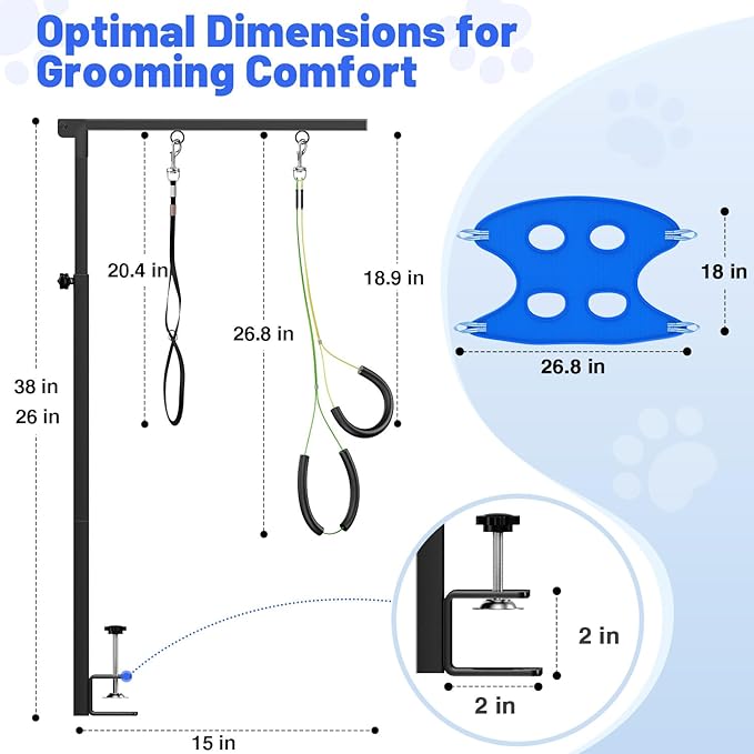 AUORC Dog Grooming Arm with Hammock, Adjustable 26"-38" Foldable Grooming Table Arm with Clamp & 2 No-Sit Holders, Heavy Duty for Small & Medium Dogs, Includes Nail Clippers (Table Not Included)