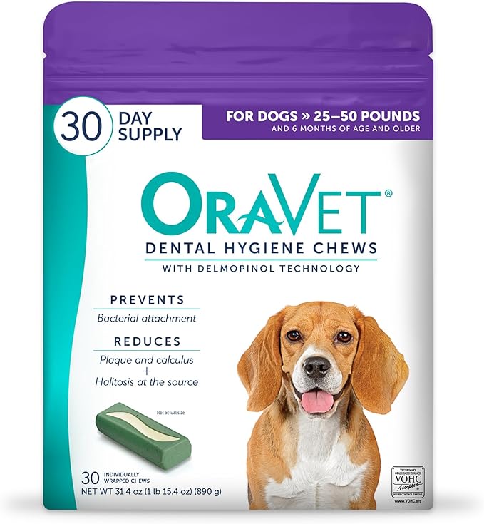 ORAVET Dental Chews for Dogs, Oral Care and Hygiene Chews (Medium Dogs, 25-50 lbs.) Purple Pouch, 30 Count