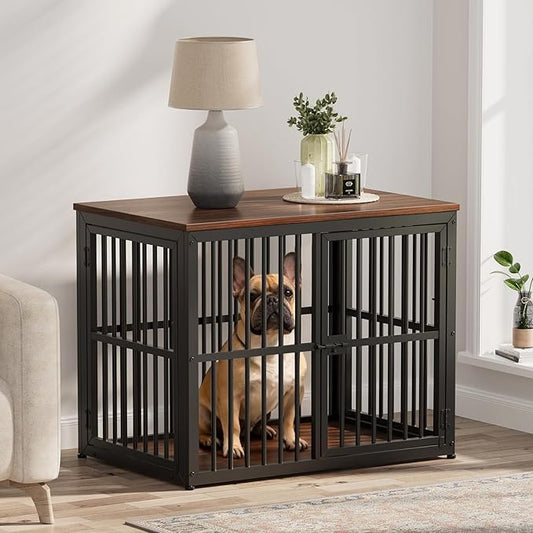 Lyromix 33'' Dog Crate Furniture with 3 Doors,Wooden Crate End Table Heavy Duty Indoor Puppy Cage for Small to Medium Dogs, Multiple Units Can be Combined, Walnut