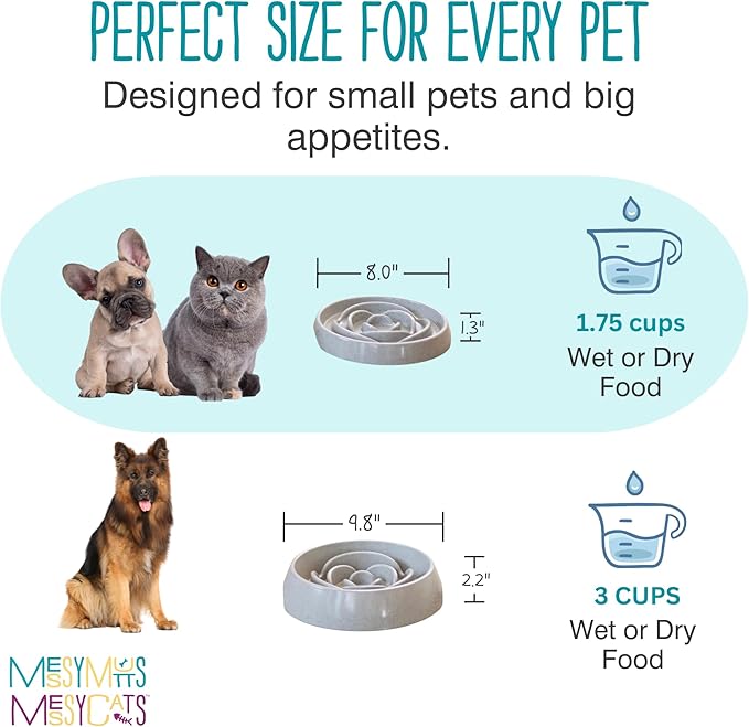 Messy Mutts and Cats Interactive Slow Feeder | Speckled Grey (1.75 Cup) | 8” Round Durable Puzzle Slow Feeder for Dogs/Cats | Enrichment Food Dish for Slow Eating, Bloating