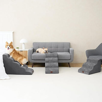 EHEYCIGA Curved Dog Stairs Ramp for High Beds 19.7" H, 4-Step Dog Steps for Small Dogs and Cats, Pet Stairs for High Bed Climbing, Non-Slip Balanced Pet Step Indoor, Grey