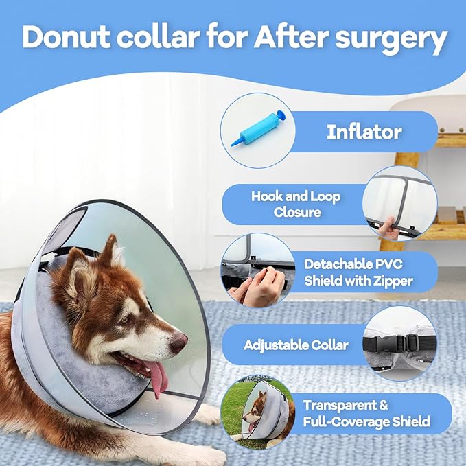 2-in-1 Upgraded Inflatable Dog Cone Collar with Detachable Anti-Licking Shield, Soft Adjustable Elizabethan Collar for Dogs After Surgery (L, Grey)