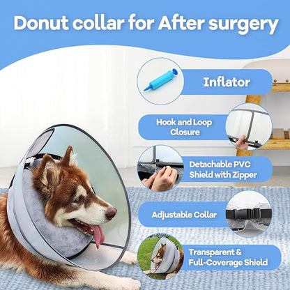 2-in-1 Upgraded Inflatable Dog Cone Collar with Detachable Anti-Licking Shield, Soft Adjustable Elizabethan Collar for Dogs After Surgery (L, Grey)
