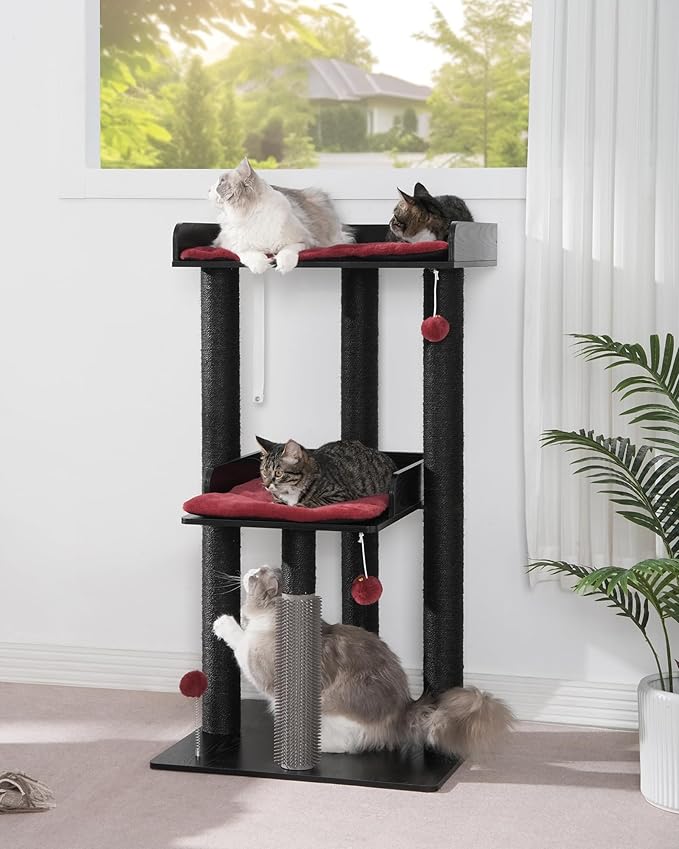 FourFurPets 43.7" Cat Tree, Modern Cat Tree Tower, Cat Tower for Indoor Cats Large Adult, Cat Condo with Scratching Post, Large Perch and Removable Pads, Black&Red