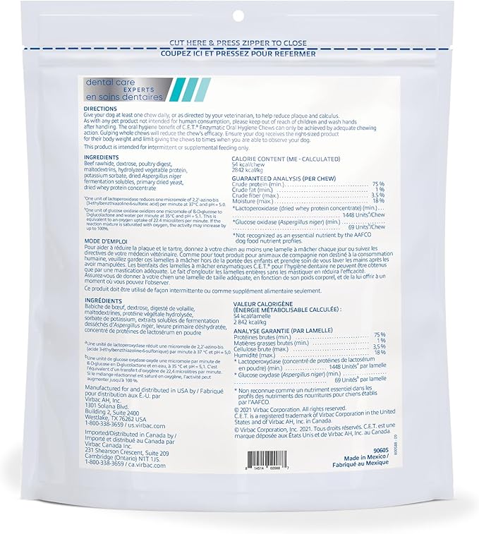 C.E.T. Enzymatic Oral Hygiene Chews for Dogs - Plaque & Tartar Control - Single Layer Beefhide with Exclusive Dual-Enzyme System & Tasty Chicken Flavor - Easy to Give Dog Dental Chew