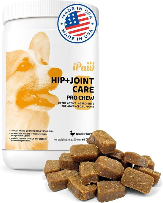 iPaw Hip and Joint Care Pro Dog Chews, Dog Joint Supplement, Glucosamine and Chondroitin Treats, Made in USA, Duck Flavor (60 Chews)