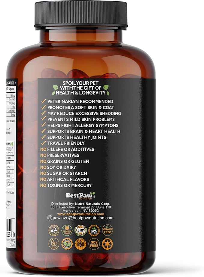 Best Paw Nutrition Pure Wild Alaskan Salmon Oil for Dogs & Cats Allergy, Dry Itchy Skin, Hotspots, & Joint Pain Relief 1000mg Softgels