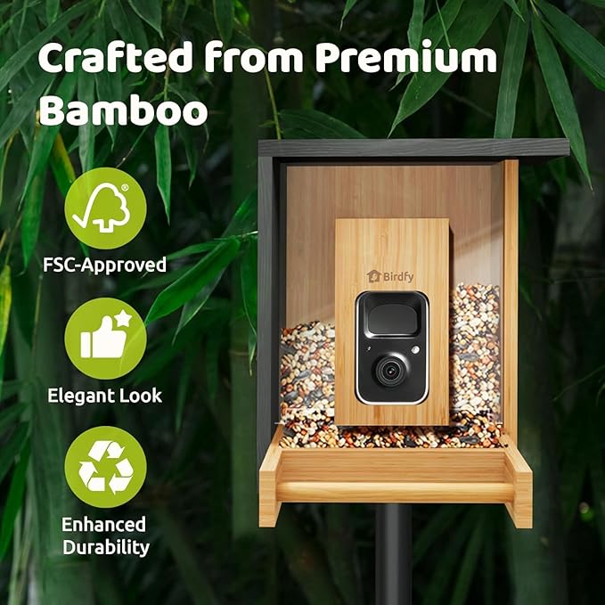 Birdfy Smart Bird Feeder with Camera, High-End Bamboo, Solar Powered, 2K HD Live Stream, Auto Capture Birds & Notify in Time, AI Recognition, Ideal Present for Bird-Watching&Learning