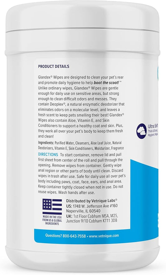Vetnique Glandex Dog Wipes for Pets Cleansing & Deodorizing Anal Gland Hygienic Dog & Cat Wipes with Vitamin E, Skin Conditioners and Aloe (75ct)