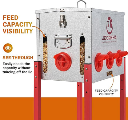 55LB Automatic Chicken Feeder, Rat Proof & No Waste Large Metal Chicken Feeder, Waterproof Galvanized Poultry Feeder with 4 Visual Windows for Chickens, Ducks, Geese, 8 Ports & Adjustable Legs