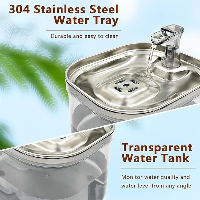Stainless Steel Cat-Water Fountain with Replacement Filter, Pet Water Fountain Indoor with Automatic Circulationss Filtrations and Intelligent Cat-Dispenser for Flowing, for Cats, Dogs, Multiple Pets