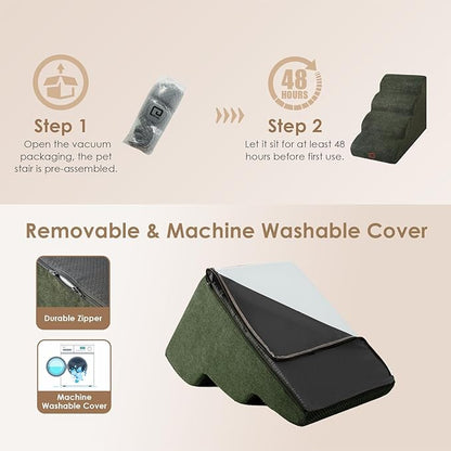 EHEYCIGA Curved Dog Stairs Ramp for High Beds 19.7" H, 4-Step Dog Steps for Small Dogs and Cats, Pet Stairs for High Bed Climbing, Non-Slip Balanced Pet Step Indoor, Military Green