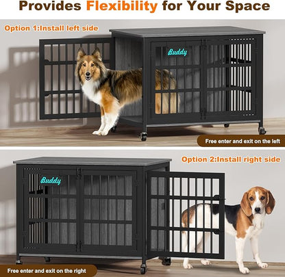 EasyCom 41"/33"/27" Dog Crate Furniture with Name Tag, Heavy Duty Dog Kennel Indoor for Medium Dogs, Double-Doors Sturdy Metal Dog Cage for Anxiety Dog, Decorate House as TV Stand, End Table