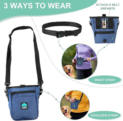 Dog Treat Pouch Magnetic Closure with Training Clicker，Hands-Free Design to Prevent Spills，Built in Poop Bag Dispenser，3 Ways To Wear，Metal Clip Waist Belt and Fanny Pack for Pet Walking（Blue）