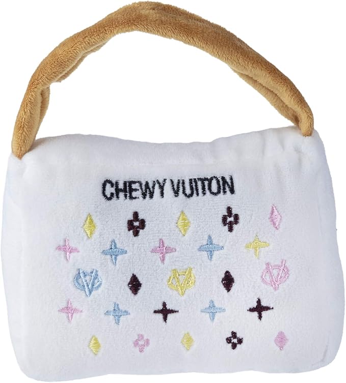 Haute Diggity Dog White Chewy Vuiton Handbag, Plush Designer Dog Toys with Interactive Squeaker, Stimulating Pet Enrichment, Machine-Washable & Safe Materials for All Breeds, Size Large