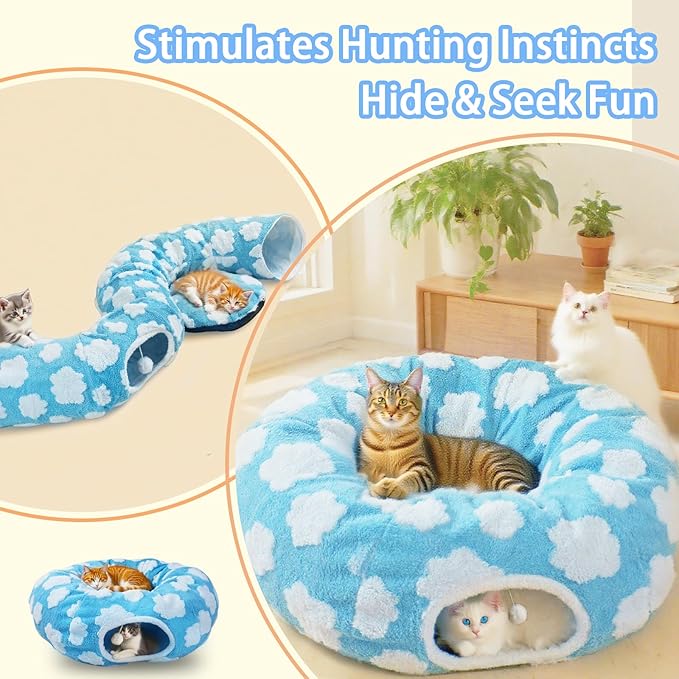 Cat Tunnel Bed for Indoor Cats, Plush Washable Cushion Peekaboo Play Space for Kittens, Puppies, Rabbits, Multifunctional Collapsible Design, Soft Collapsible Cat Cave with Central Mat (Blue)