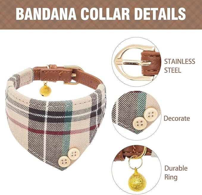 KOOLTAIL Small Dog Collar and Leash Set with Bowtie and Bells - Puppy Collar and Leash for Boy or Girl with Classic Plaid Matching Pattern, Soft Leather Tangle Free Leashes for Small Dogs,Cats,Beige