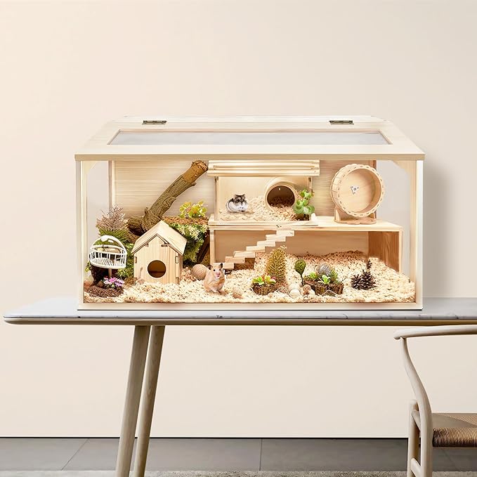PROLEE Hamster Cage with Chewproof Wood Top,Guinea Pig Cages, Hamster Habitat with Clear Acrylic Sheets Solid Built, Small Animal Cage (Oak, 32X16X16 inch)