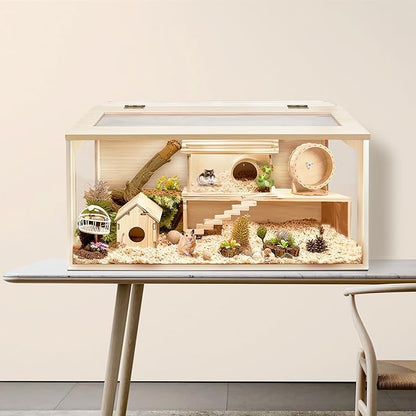 PROLEE Hamster Cage with Chewproof Wood Top,Guinea Pig Cages, Hamster Habitat with Clear Acrylic Sheets Solid Built, Small Animal Cage (Oak, 32X16X16 inch)