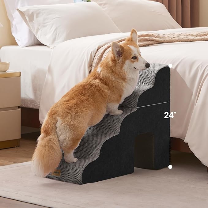 Dog Ramp for Large Dogs - 5 Steps 24" H Pet Stairs for High Bed with Tunnel 2 in 1 with Zippers Suitable, Indoor Cat Ladders with Non-Slip Bottom, Black