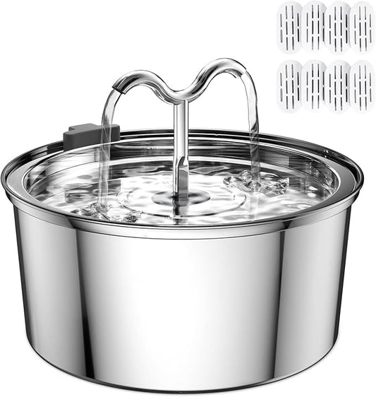 DOOOB Cat Water Fountain, 3.2L/108OZ Stainless Steel Pet Water Dispenser Automatic Metal Dog Drinking Fountains Water Bowl with 8 Filters & 8 Sponges and Ultra-Quiet Pump