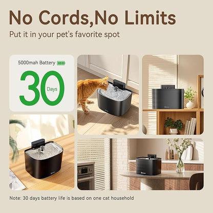 Cat Water Fountain, 122oz/3.6L Pumpless Wireless Cat Fountain, Cordless Water Fountains for Cats Indoor, Dog Pet Water Fountain Battery Operated with Stainless Steel Tray (Black, Fountain+2 Fliters)