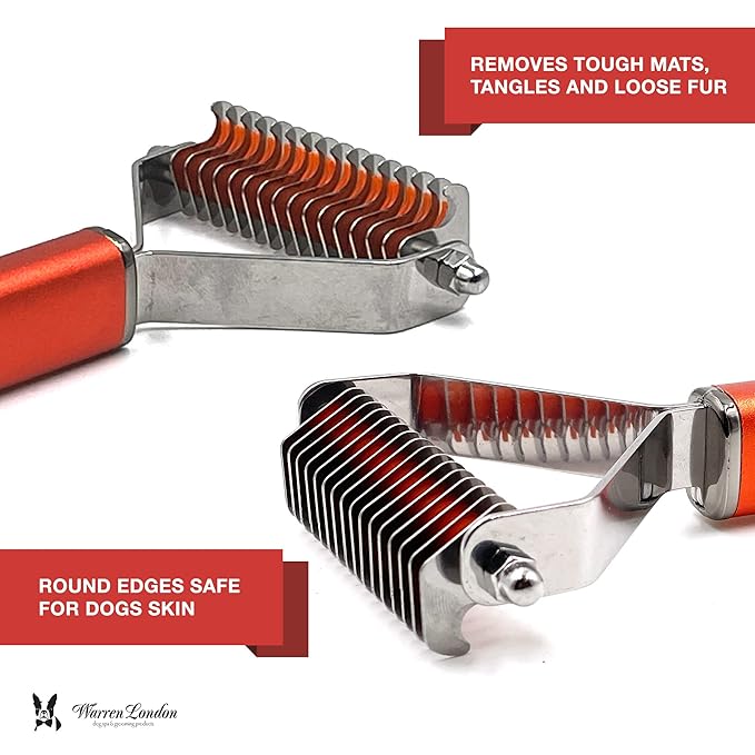 Warren London Undercoat Rake Brush for Dogs and Cats - Premium Deshedding Tool for Long Haired Pets - Skin Friendly Dematting Comb for Professional Grooming Results at Home