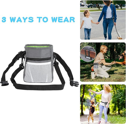 Dog Treat Pouch, 3 Ways to Wear Treat Pouches for Pet Training, Dog Training Treat Pouch with Waist Belt Shoulder Strap, Poop Bag, Collapsible Bowl, Dog Training Clicker
