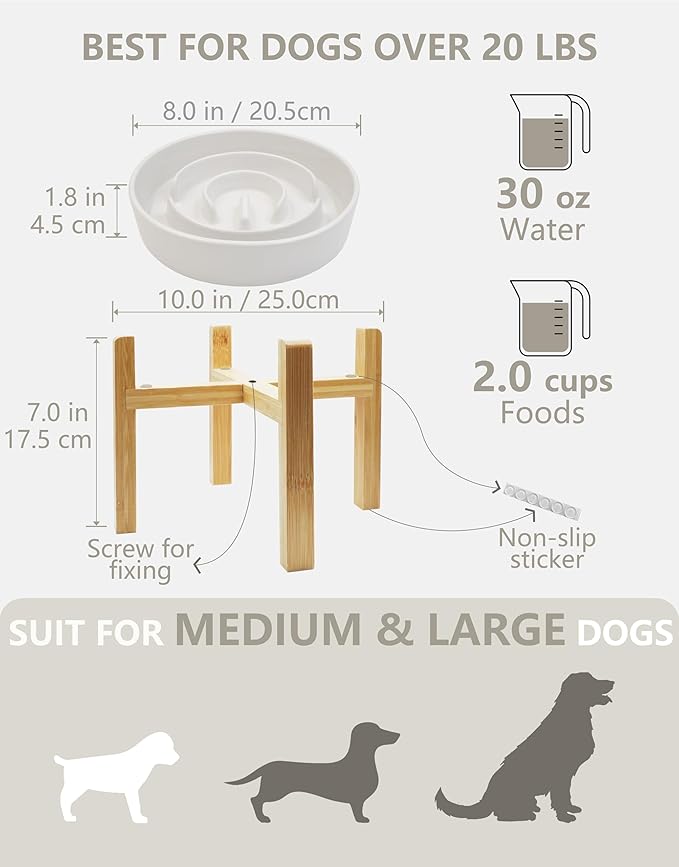 Ceramic Slow Feeder Dog Bowls Elevated, 2.0 Cups Slow Feeder for Medium and Large Dogs, Puzzle Maze Bowl to Slow Down Eating, 30oz, 8in, White