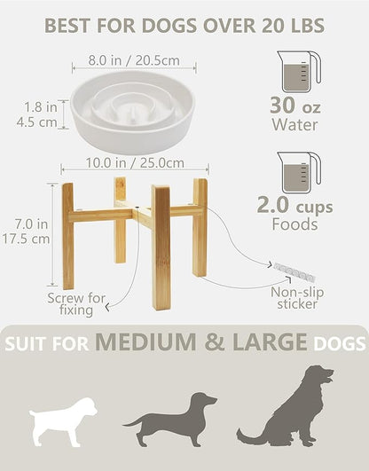 Ceramic Slow Feeder Dog Bowls Elevated, 2.0 Cups Slow Feeder for Medium and Large Dogs, Puzzle Maze Bowl to Slow Down Eating, 30oz, 8in, White