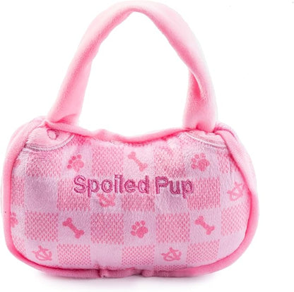 Haute Diggity Dog Pink Checker Chewy Vuiton Handbag, Plush Designer Dog Toys with Interactive Squeaker, Stimulating Pet Enrichment, Machine-Washable & Safe Materials for All Breeds, Size Large