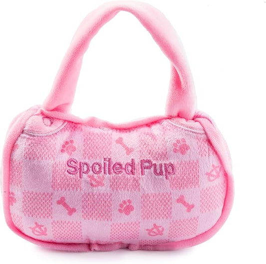 Haute Diggity Dog Pink Checker Chewy Vuiton Handbag, Plush Designer Dog Toys with Interactive Squeaker, Stimulating Pet Enrichment, Machine-Washable & Safe Materials for All Breeds, Size Large
