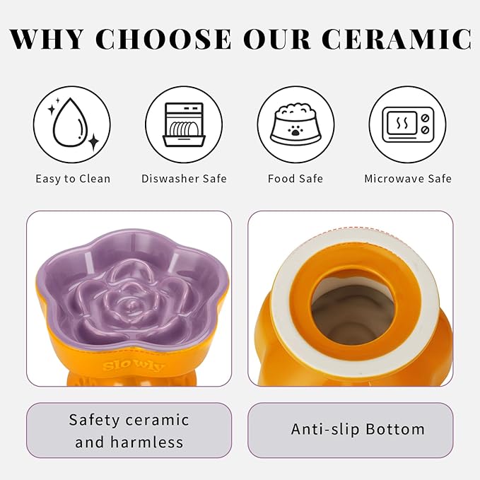S&Q's CERAMICS Raised Slow Feeder Cat Bowl, Ceramic Elevated Food Bowl Small Dogs Slow Feeder, Flower Shaped Cute Pet Dish for Dry and Wet Food (Purple, 5.8")