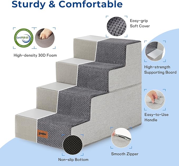 Dog Stairs for Small Dogs - Pet Stairs 2 in 1 with Zippers Suitable for Couch and Bed, 35D Foam Dog Steps with Non Slip Bottom Grey 4 Steps, Beige
