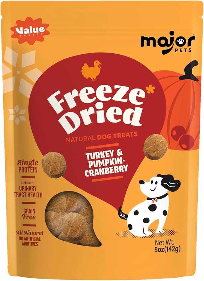 MAJOR PETS Freeze Dried Turkey & Pumpkin,Cranberry Dog Treats,Single Protein, All Natural,Help with Digestion,Grain Free,Healthy Training Treats or Meal Topper for All Dogs-5 Ounce,(Pack of 1)