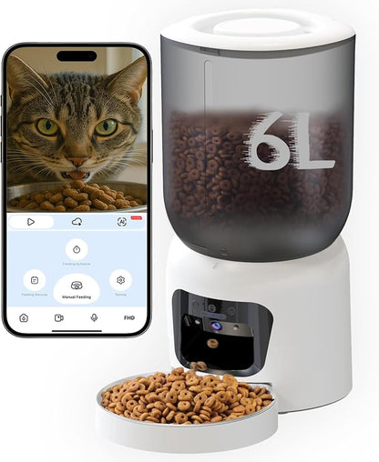 Automatic Cat Feeder with 2K HD Camera, 2.4/5G WiFi 6L Pet Feeder Automatic for Cats & Dogs, Dog Automatic Feeder APP Control, Programmable Cat Food Dispenser with Night Vision,Two-Way Audio (White)