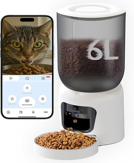 Automatic Cat Feeder with 2K HD Camera, 2.4/5G WiFi 6L Pet Feeder Automatic for Cats & Dogs, Dog Automatic Feeder APP Control, Programmable Cat Food Dispenser with Night Vision,Two-Way Audio (White)