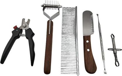 Pet Grooming Kit – Dog Grooming Tools Set with Dematting Rake, Stainless Steel Comb, Stripping Knife, Nail Clipper, Tick Remover & Dental Scaler (Black, 6 Piece)