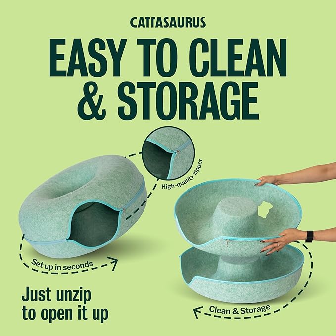 Cattasaurus Peekaboo Cat Cave, Extra Spacious for Multiple & Large Cats 15+ lbs, Scratch Detachable Cat Beds for Indoor Cats, Washable Tunnel Bed, Comfy Donut Tunnel (Sage Mist, Jumbo)