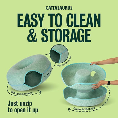 Cattasaurus Peekaboo Cat Cave, Extra Spacious for Multiple & Large Cats 15+ lbs, Scratch Detachable Cat Beds for Indoor Cats, Washable Tunnel Bed, Comfy Donut Tunnel (Sage Mist, Jumbo)