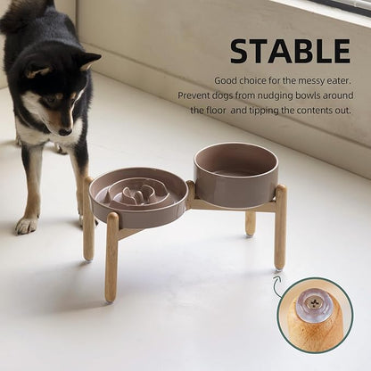 Ceramic Raised Slow Feeder Dog Bowl Set, Elevated 7.3inch Bowl and 8.2inch Puzzle Slow Dish with Wooden Stand for Medium and Large Dog, Anti-Gulping (2X Brown Coffee+ Stand)