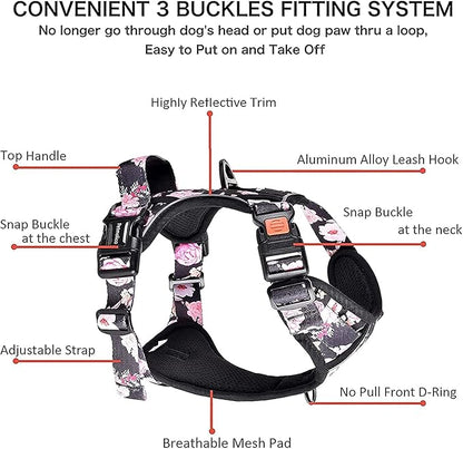 Petmolico Large Dog Harness Set, Reflective Vest Harness, 2 Leash Attachments, Rope Leash, Poop Bag Holder, Black with Pink Rose