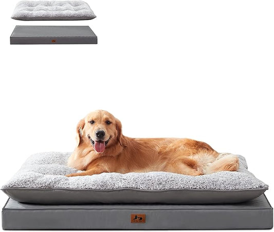 Washable Dog Bed for Medium Large Size Dog, Plush Pillow Pet Bed with Cooling Leather Egg-Crate Foam Base, Waterproof Kennel Bed with Removable Cover, 47" x 39" Comfort Cushion Bed, Dark Grey