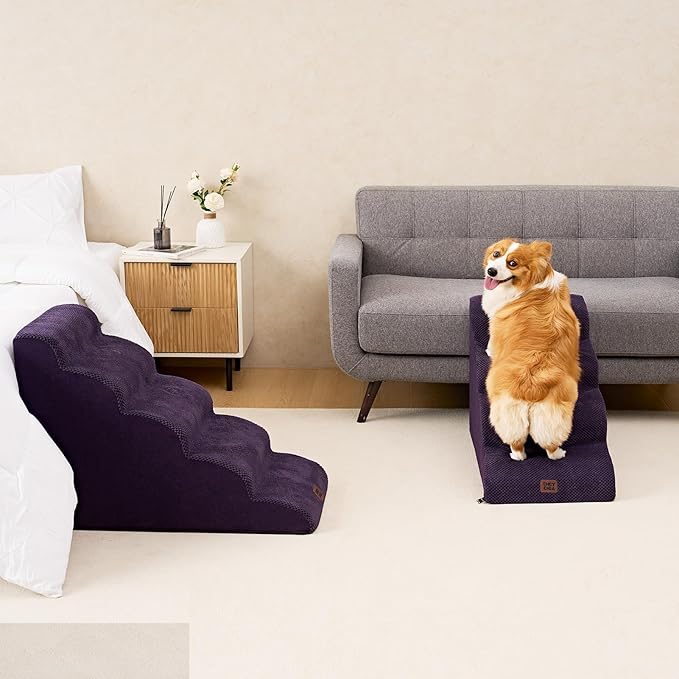 EHEYCIGA Curved Dog Stairs Ramp for High Beds 19.7" H, 4-Step Dog Steps for Small Dogs and Cats, Pet Stairs for High Bed Climbing, Non-Slip Balanced Pet Step Indoor, Purple