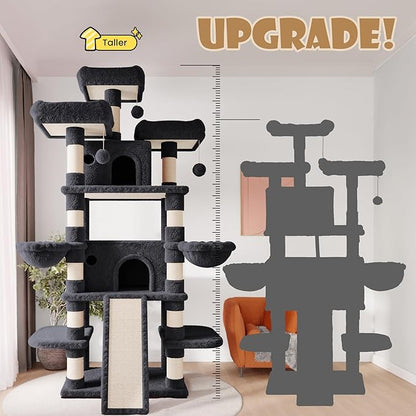 SHA CERLIN 81 Inches Extra Large Cat Tree for Indoor Adult Cats/XXL Big Cat Tower with Condo/Cozy Perches/Sisal Scratching Posts and Hammocks/Activity Center/F80/Heavy Duty/Dark Grey