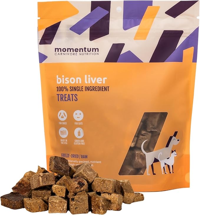 Momentum Carnivore Nutrition Freeze-Dried Bison Liver Dog Treats & Cat Treats – Single-Ingredient, High-Protein, Grain-Free, Lean Novel Protein – Made in USA – 4 oz Bag