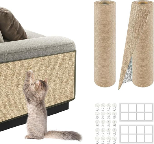 2Pack Total 78.7"x15.8" Cat Scratch Mat for Cat Couch Furniture and Wall Protector | Trimmable Self-Adhesive Carpet Climb Cat Scratcher for Covering Cat Tower and Replacement Pads (Khaki)