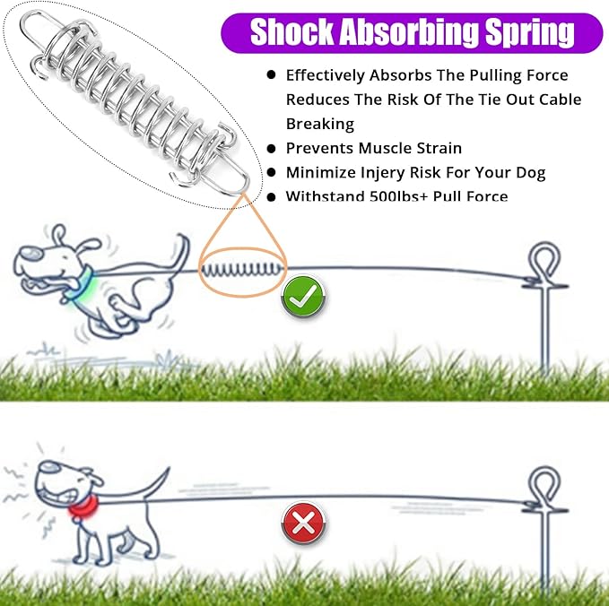 jenico Dog Tie Out Cable, 10/15/20/30/40/50/70/100/150FT Runner Cable with Swivel Hook and Shock Spring, Dog Leash Run Tether for Yard Outdoor and Camping,for Small to Medium Pets Up to 500 LBS