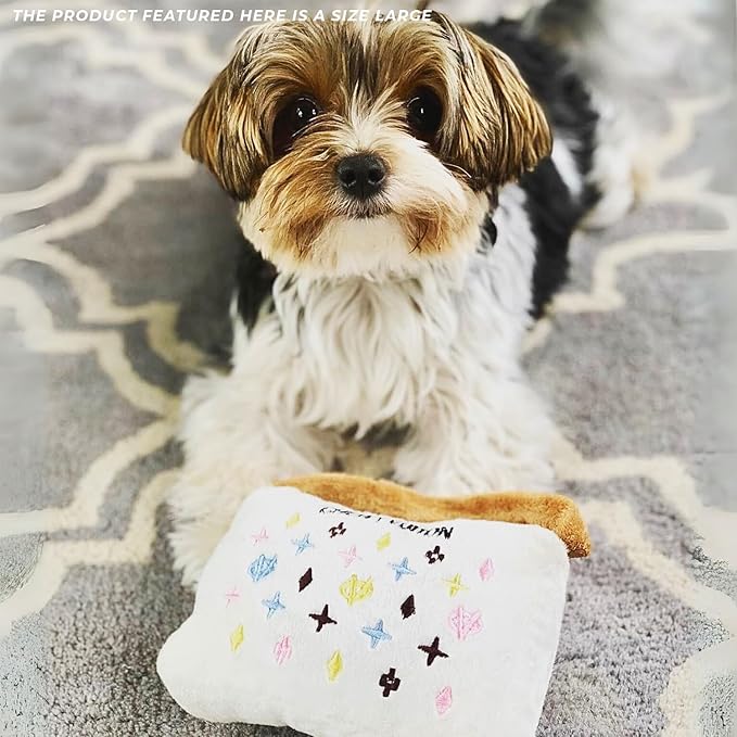 Haute Diggity Dog White Chewy Vuiton Handbag, Plush Designer Dog Toys with Interactive Squeaker, Stimulating Pet Enrichment, Machine-Washable & Safe Materials for All Breeds, Size Large