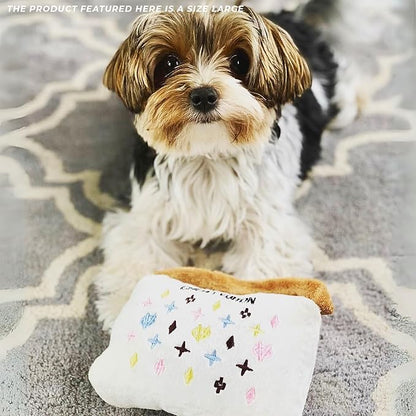 Haute Diggity Dog White Chewy Vuiton Handbag, Plush Designer Dog Toys with Interactive Squeaker, Stimulating Pet Enrichment, Machine-Washable & Safe Materials for All Breeds, Size Large